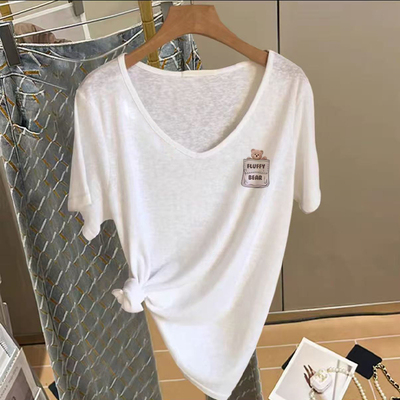 雪花棉v领短袖t恤女装夏季薄款印花体恤衫宽松大码显瘦鸡心领上衣