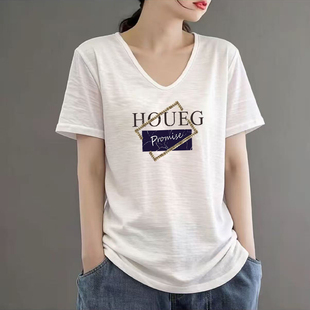 时尚 竹节棉v领短袖 纯棉体恤衫 宽松大码 印花正肩上衣 白t恤女士夏季