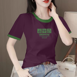 显瘦正肩体恤洋气减龄字母印花上衣 拼色圆领短袖 t恤女装 夏季 修身