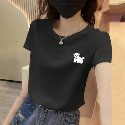 正肩深灰色短袖t恤女装2025夏季新款修身显瘦体恤衫印花休闲上衣