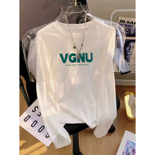 印花纯棉打底衫 白色正肩长袖 内搭时尚 宽松大码 上衣 t恤女春秋韩版