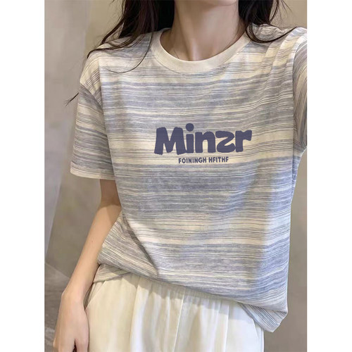 2026夏季短袖t恤女装设计感印花圆领撞色条纹体恤衫宽松大码上衣