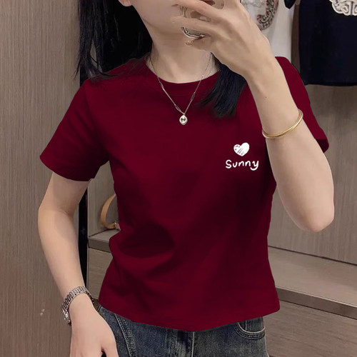 正肩红色短袖t恤女大码2025年夏季洋气减龄印花体恤修身显瘦上衣