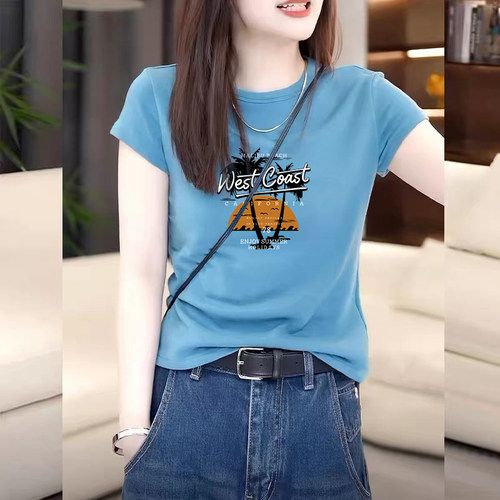 海蓝色正肩短袖t恤女装夏季修身显瘦半袖体恤衫洋气休闲上衣ins潮
