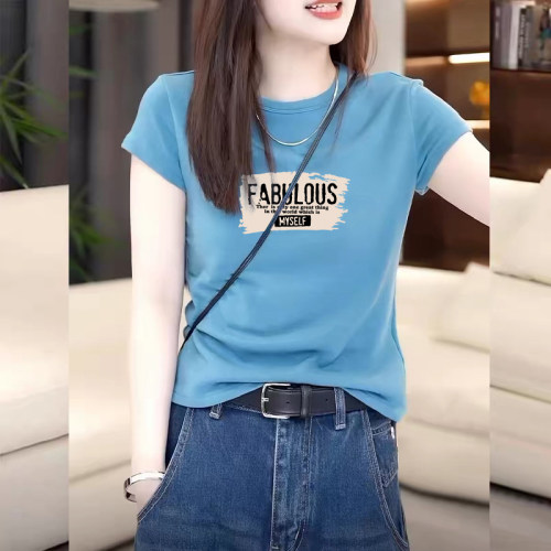 海蓝色正肩短袖t恤女装夏季韩版修身显瘦体恤衫美式休闲印花上衣