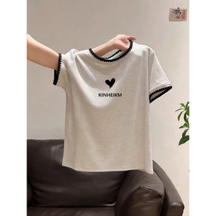 显瘦撞色圆领小衫 修身 设计感小众印花上衣ins潮 t恤女夏季 正肩短袖