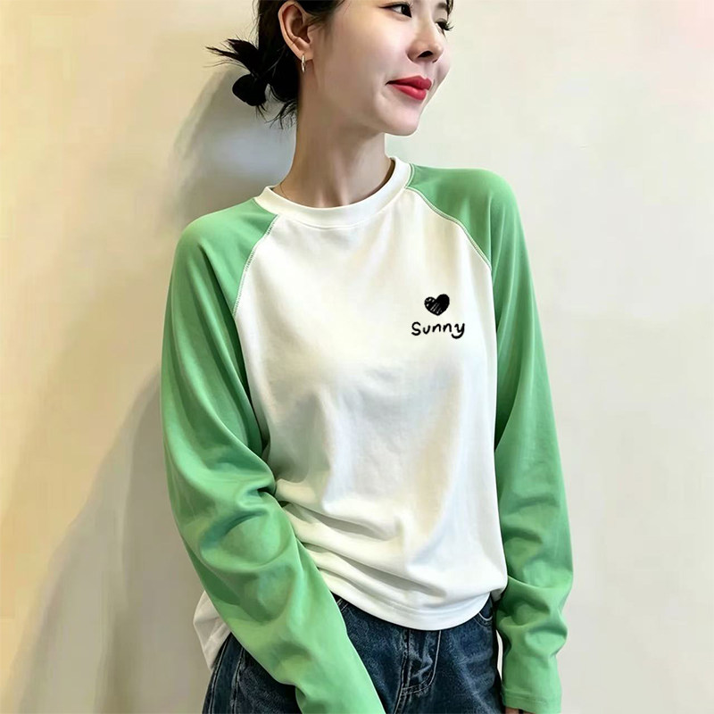 撞色条纹拼接长袖t恤女士2026春秋季插肩袖显瘦宽松大码纯棉上衣