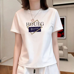 显瘦圆领体恤衫 正肩短袖 休闲印花修身 洋气时尚 上衣 白t恤女士夏季