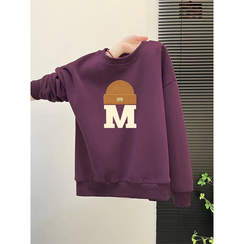 葡萄紫圆领卫衣女秋冬季加绒长袖套头衫韩版宽松休闲印花无帽上衣