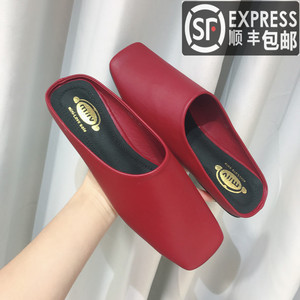 2021春秋韩版单鞋一脚蹬浅口平底包头半拖懒人鞋百搭软皮凉拖女鞋
