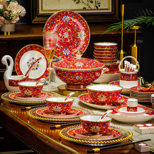 2026碗碟套装家用轻奢中式金边餐具套装碗盘家用景德镇骨瓷珐琅彩