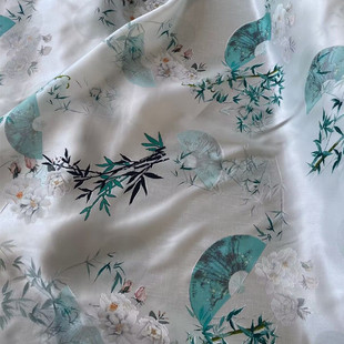 提花缎真丝交织提花面料夏日宁静全新点印旗袍汉服布料中国风手工