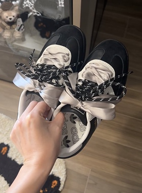适配阿迪puma赛车鞋德训鞋白色蕾丝丝绸鞋带芭蕾风珍珠鞋扣配饰