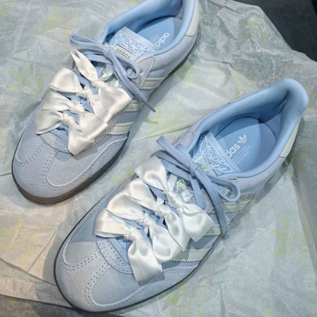 适配阿迪puma赛车鞋德训鞋白色蕾丝丝绸鞋带芭蕾风珍珠鞋扣配饰