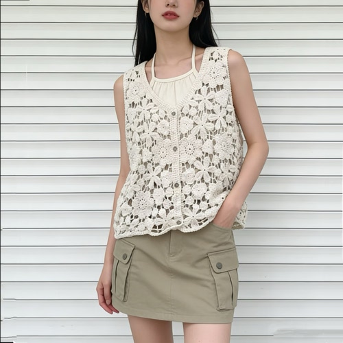 100%棉针织背心开衫马甲叠穿夏季女宽松钩花镂空上衣