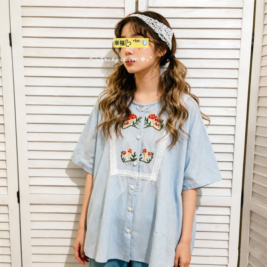 蕾丝花边绣花宽松森女风减龄短袖衬衫文艺风百搭上衣女