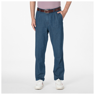 嘉意旗舰店男士夏季薄款中高腰双褶纯棉休闲牛仔裤阔腿宽松E70503