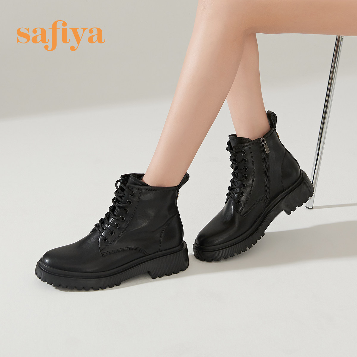 Safiya/索菲娅短靴女冬季英伦风厚底增高马丁靴侧拉链机车皮靴