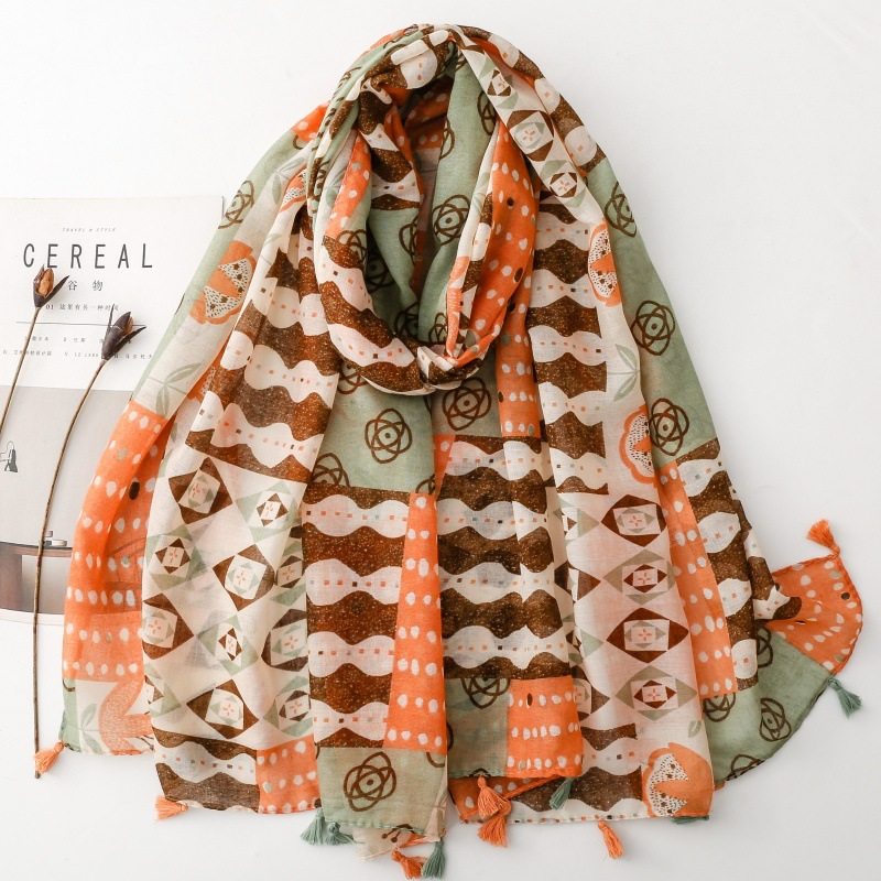 新款春夏文艺风棉麻质感长围巾拼接印花菱格茶花丝巾柔软披肩围脖