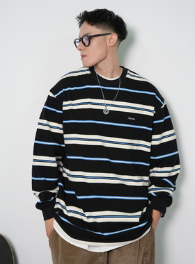 Nothwes 23AW秋冬日系复古重磅320克蓝黑条纹长袖口袋纯棉圆领T恤