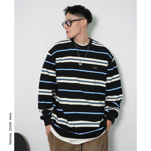 23AW秋冬日系复古重磅320克蓝黑条纹长袖 Nothwes 口袋纯棉圆领T恤