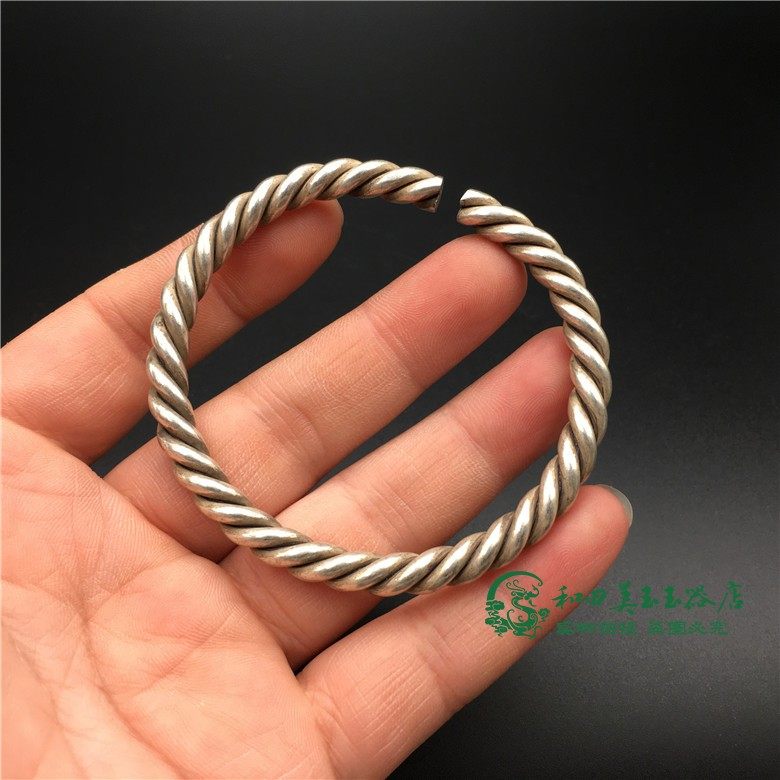 古玩杂项收藏银饰品银手镯苗银藏银手镯白铜镀银手镯螺纹开口手镯