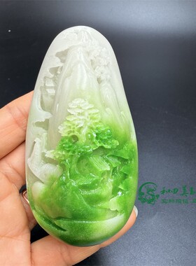 古玩杂项仿白玉翠绿色手把件小桥流水山水守业聚财男女款把玩件