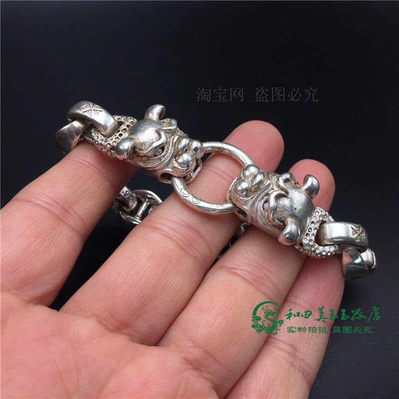 古玩收藏复古镂空貔貅神兽藏银手串男款霸气时尚礼品银饰手链