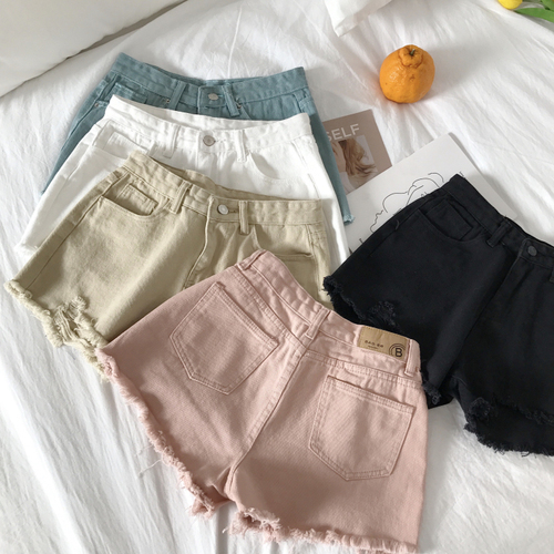 Real-price Korean summer retro high-waist fringe candy Baitao thin Jeans Shorts