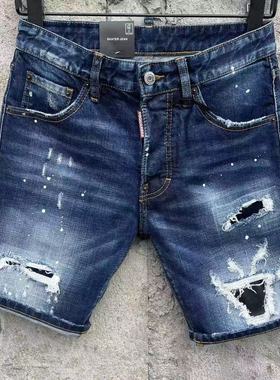 2025春夏新款D2潮男水洗磨破洞补丁泼墨修身蓝色牛仔短裤男五分裤