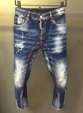 2022春夏新款D2潮男水洗磨破洞补丁油漆立体裁剪小脚蓝色牛仔裤男