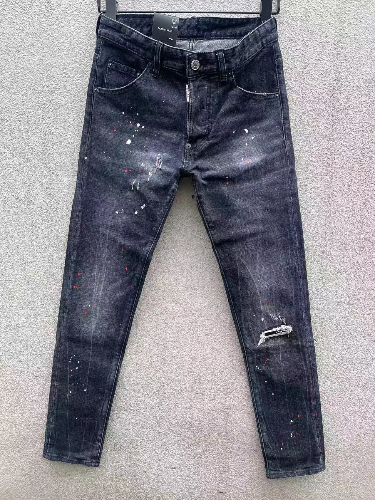 2024春夏新款D2潮男水洗磨破洞补丁黑色修身小脚百搭油漆牛仔裤男