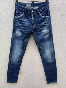 春夏新款潮男枫叶刺绣磨破洞补丁油漆修身百搭小脚蓝色D2牛仔裤男