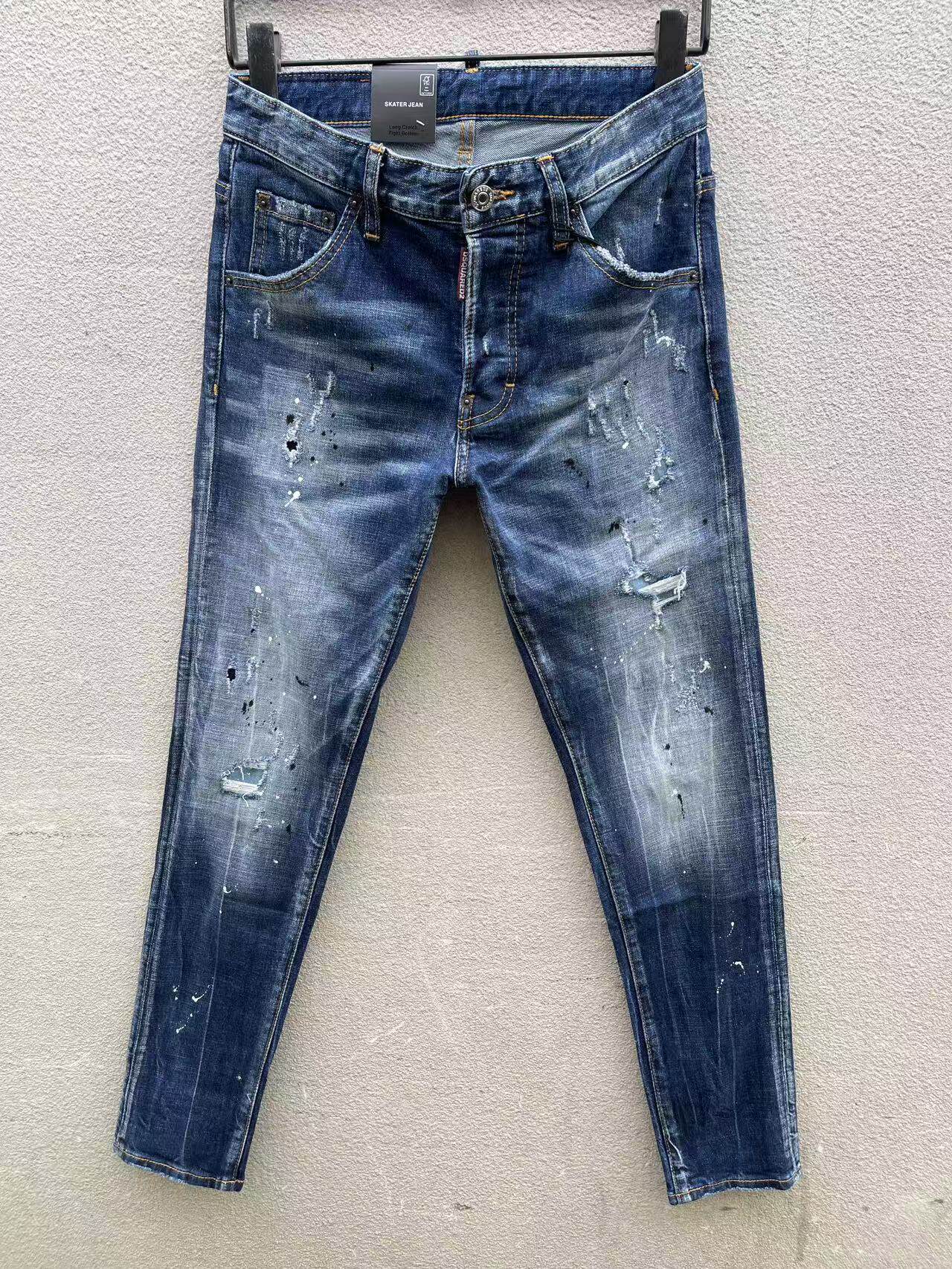 2026春夏新款D2潮男水洗磨破洞补丁修身破洞蓝色百搭牛仔五分裤男