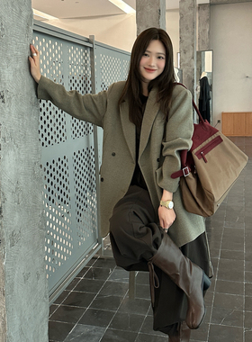 F.THREE-秋冬上新高级感气质毛呢收腰外套西装(配腰带)98066