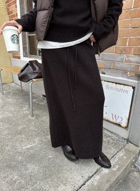 CLEAN SPACE-羊毛羊绒弹性针织长裙冬上新半身裙(配腰绳57979