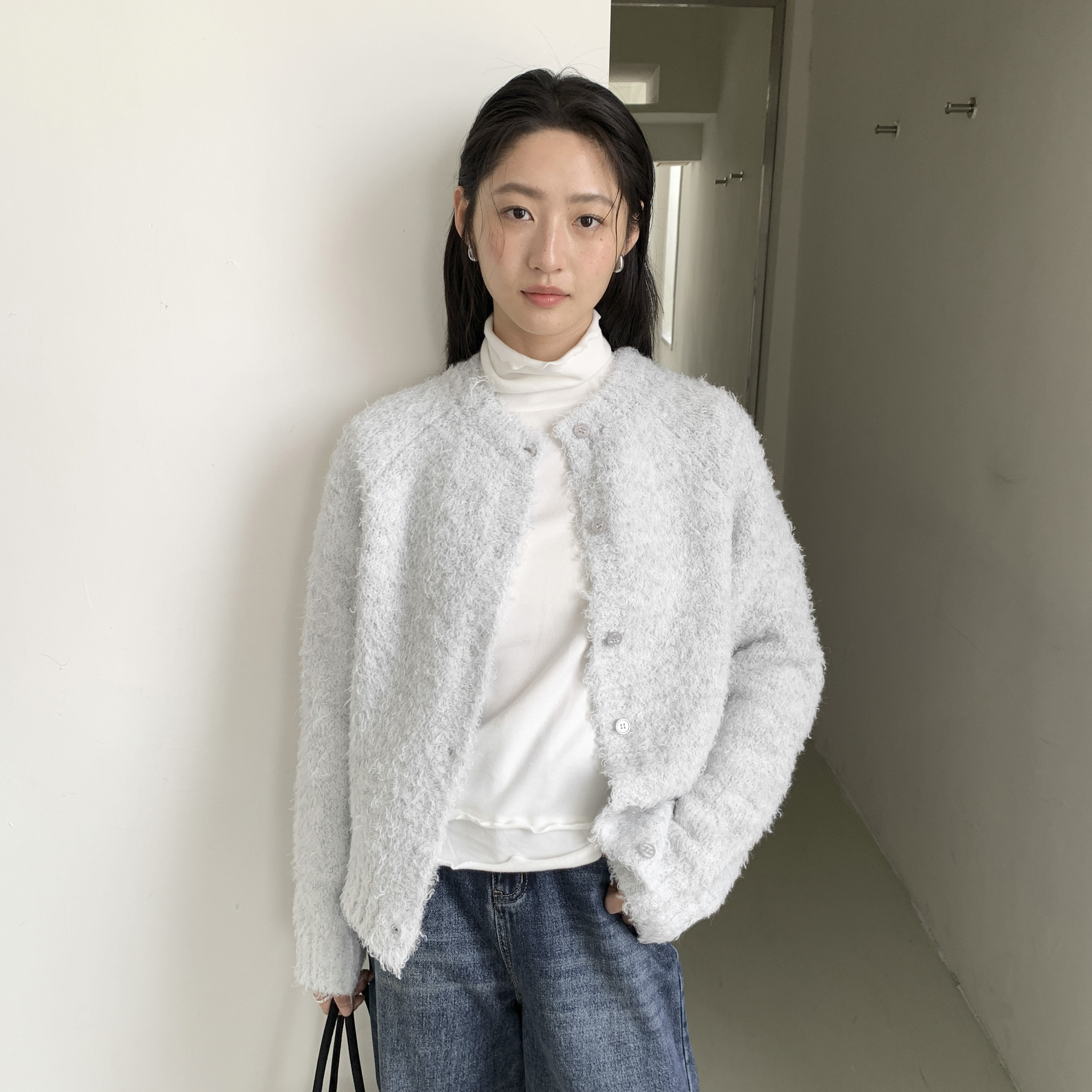 FN-韩风氛围感温柔风圆领纯色羊毛粗针开衫保暖毛衣开衫40345