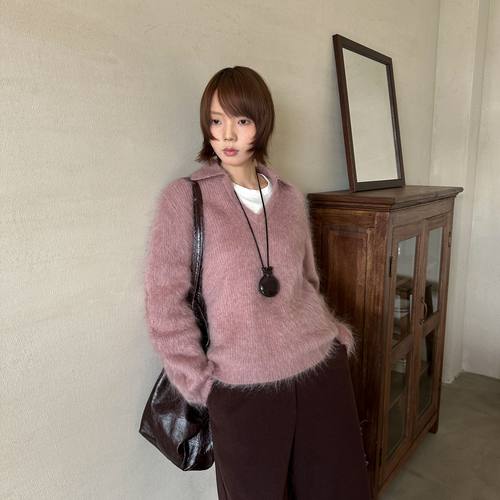 CLEAN SPACE-羊毛马海毛polo小V领叠穿秋冬上新打底衫毛衣57392