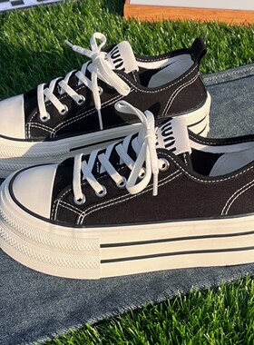 ins潮鞋黑色厚底增高帆布鞋女2025新款薄款透气百搭学生松糕板鞋