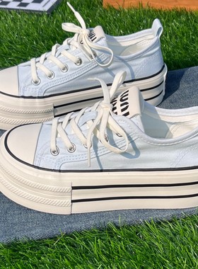 原创小众蓝色厚底增高帆布鞋女2025新款薄款透气百搭松糕底板鞋潮