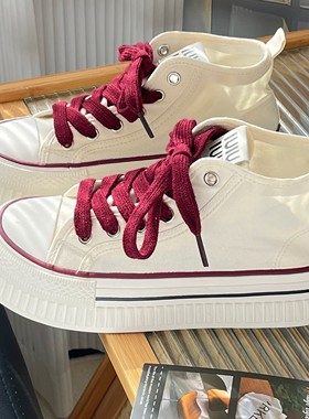 原创白红色厚底高帮帆布鞋女2025春秋季新款百搭增高小白鞋子板鞋