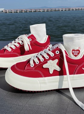 复古红色厚底帆布鞋女2025春季新款ins小众设计学生运动休闲板鞋