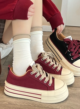 复古磨砂皮红色厚底板鞋女2025秋季新款百搭增高松糕鞋学生休闲鞋