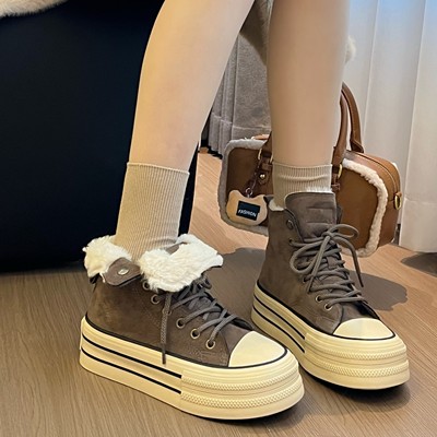 美拉德厚底高帮帆布鞋女2025冬季百搭增高板鞋加绒加厚保暖大棉鞋