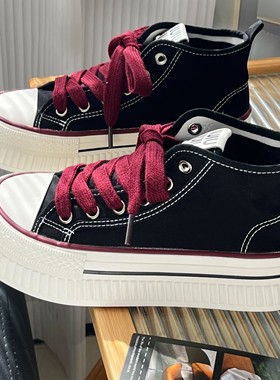 原创黑红色厚底高帮帆布鞋女2025春秋季新款百搭增高松糕学生板鞋