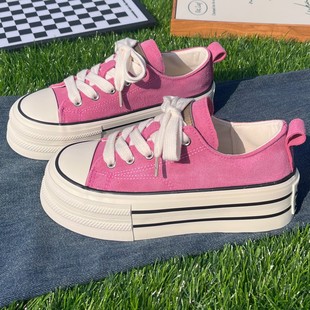 透气百搭松糕底板鞋 新款 女2025夏季 原创小众玫红色厚底增高帆布鞋