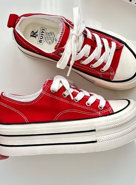红色厚底增高5cm帆布鞋女2025新款透气百搭学生小个子松糕板鞋夏
