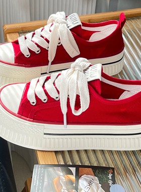 复古红色厚底增高帆布鞋女款2025新款春季透气松糕底百搭休闲板鞋