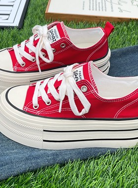 红色增高5CM帆布鞋女款2025新款秋季百搭学生小个子松糕厚底板鞋