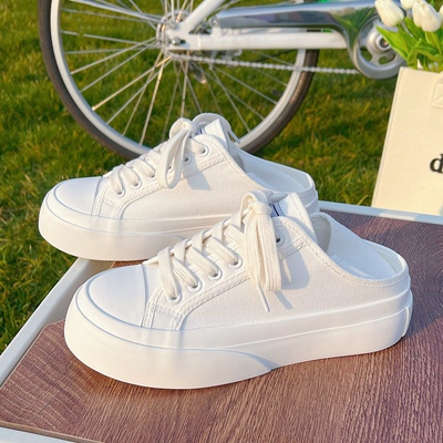 厚底可踩小白鞋女一脚蹬半拖板鞋